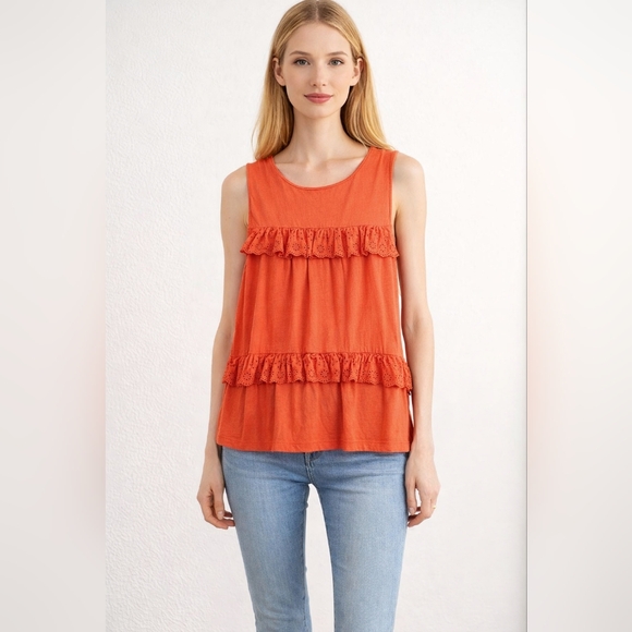 J. Crew Tops - J Crew Orange Red Size M Ruffles Embroidered Blouse
